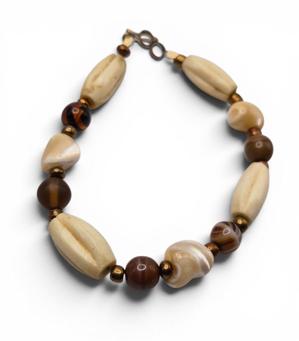 Artisan Bone Shell Glass Bead Bracelet Natural Materials 8 Inch